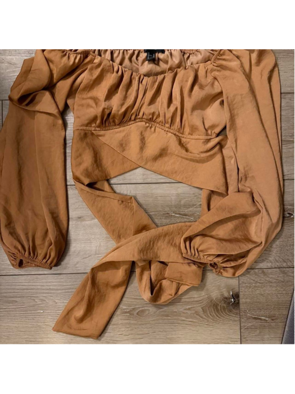 Caramel brown wrap tie crop top with a ruched bust, square neckline and dramatic